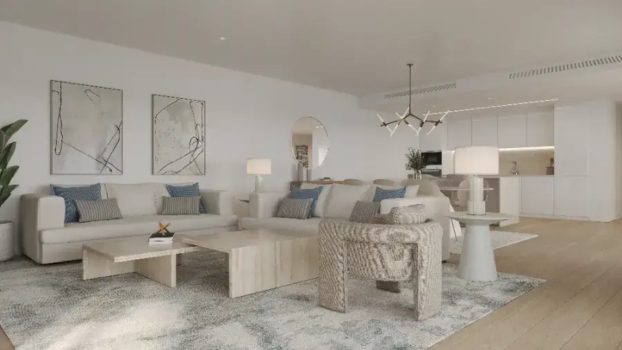 Den elegante stue- og spisestuen med åpen løsning inkluderer et moderne, fullt utstyrt kjøkken.