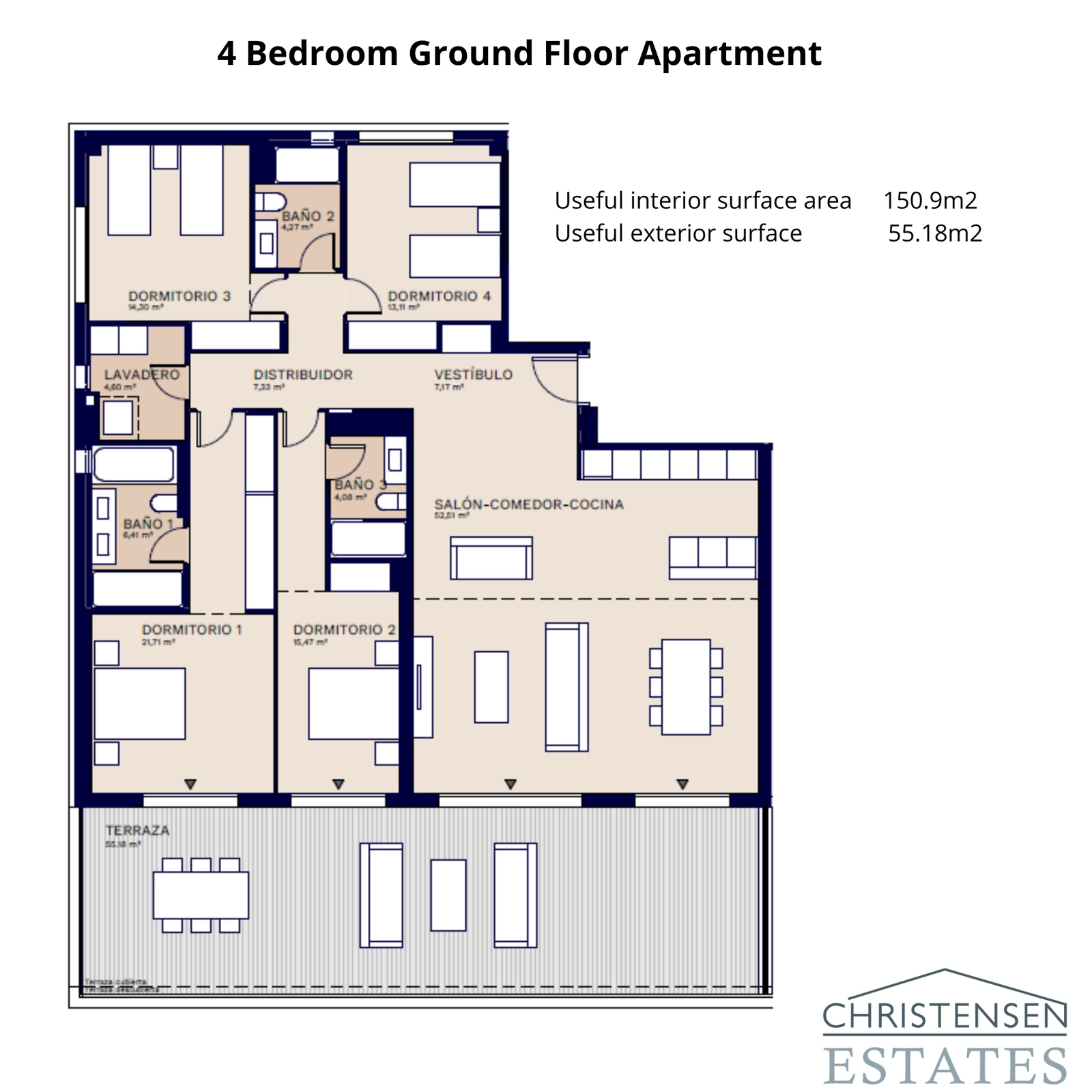 En romslig bolig i første etasje med fire soverom, perfekt planlagt for familier og underholdning.
