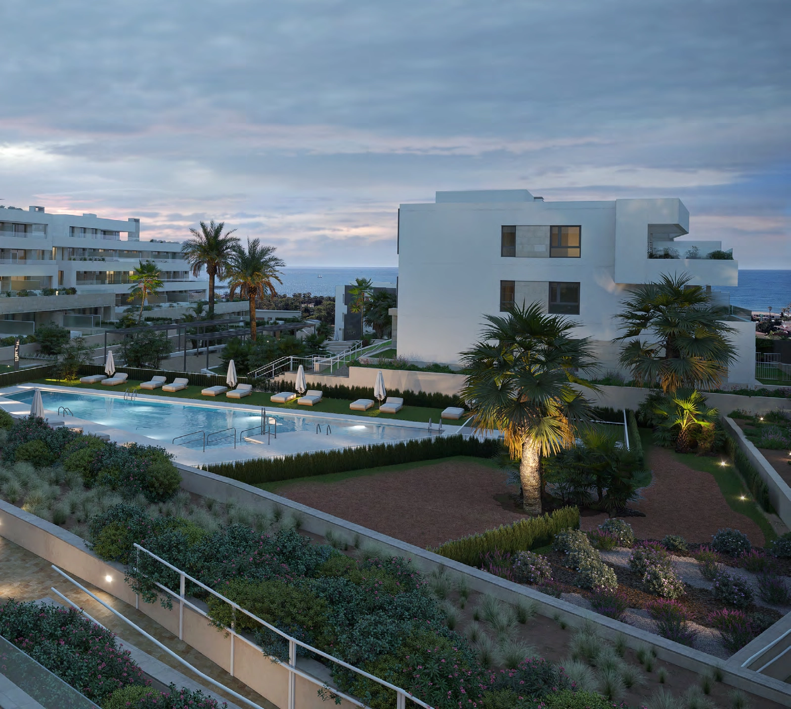 Når kvelden kommer, skaper prosjektets belysningsdesign en varm og eksklusiv atmosfære.