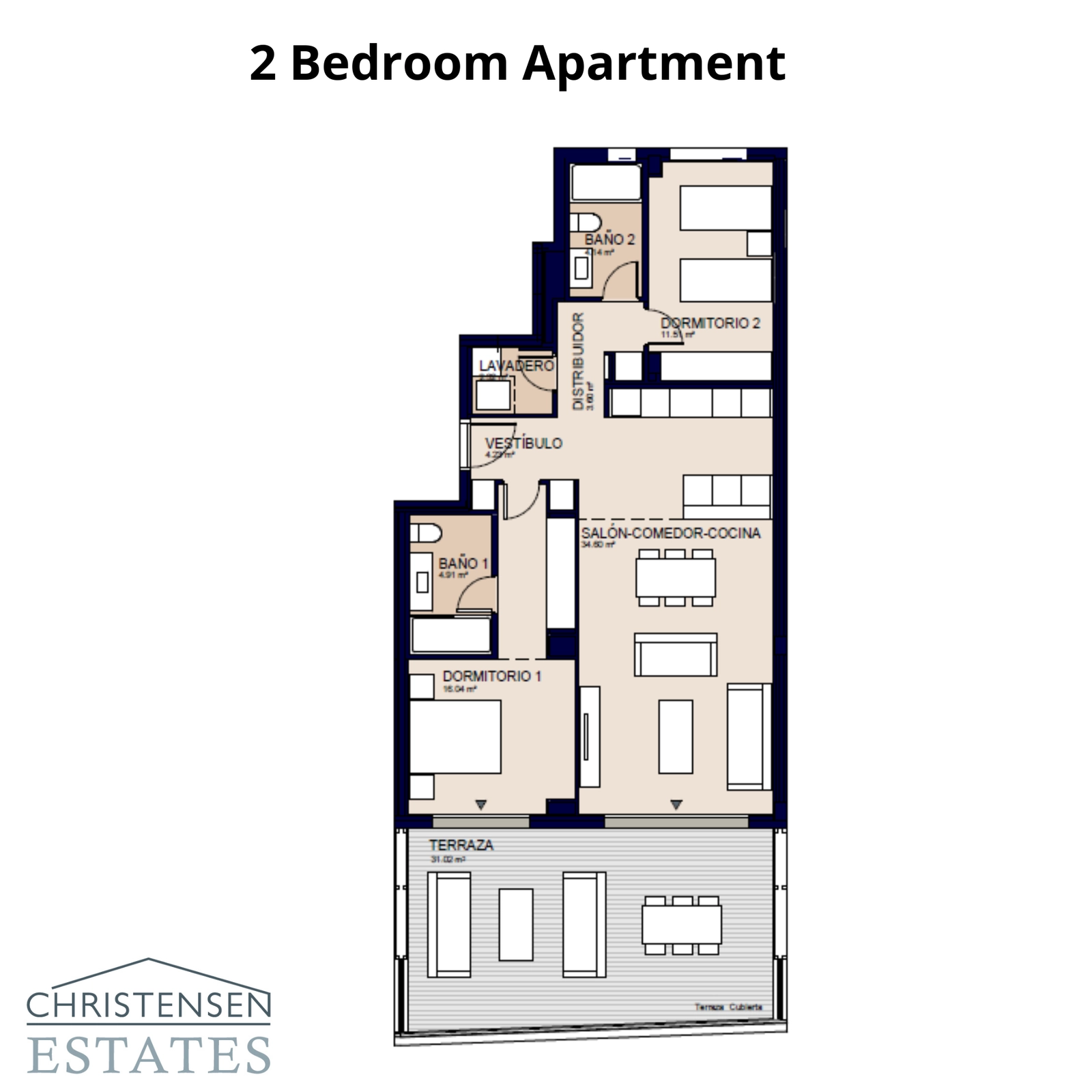 Denne to-roms planløsningen viser et praktisk og romslig design, med et åpent stueområde som strekker seg ut til en stor terrasse.