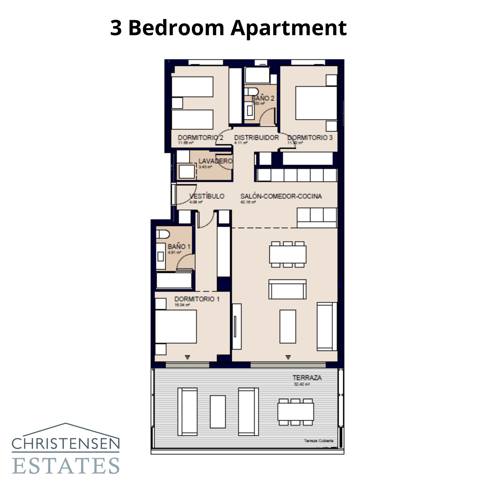 Tre-roms planløsningen gir god plass for familier, med en sjenerøs hovedsuite og sømløs innendørs-utendørs livsstil.